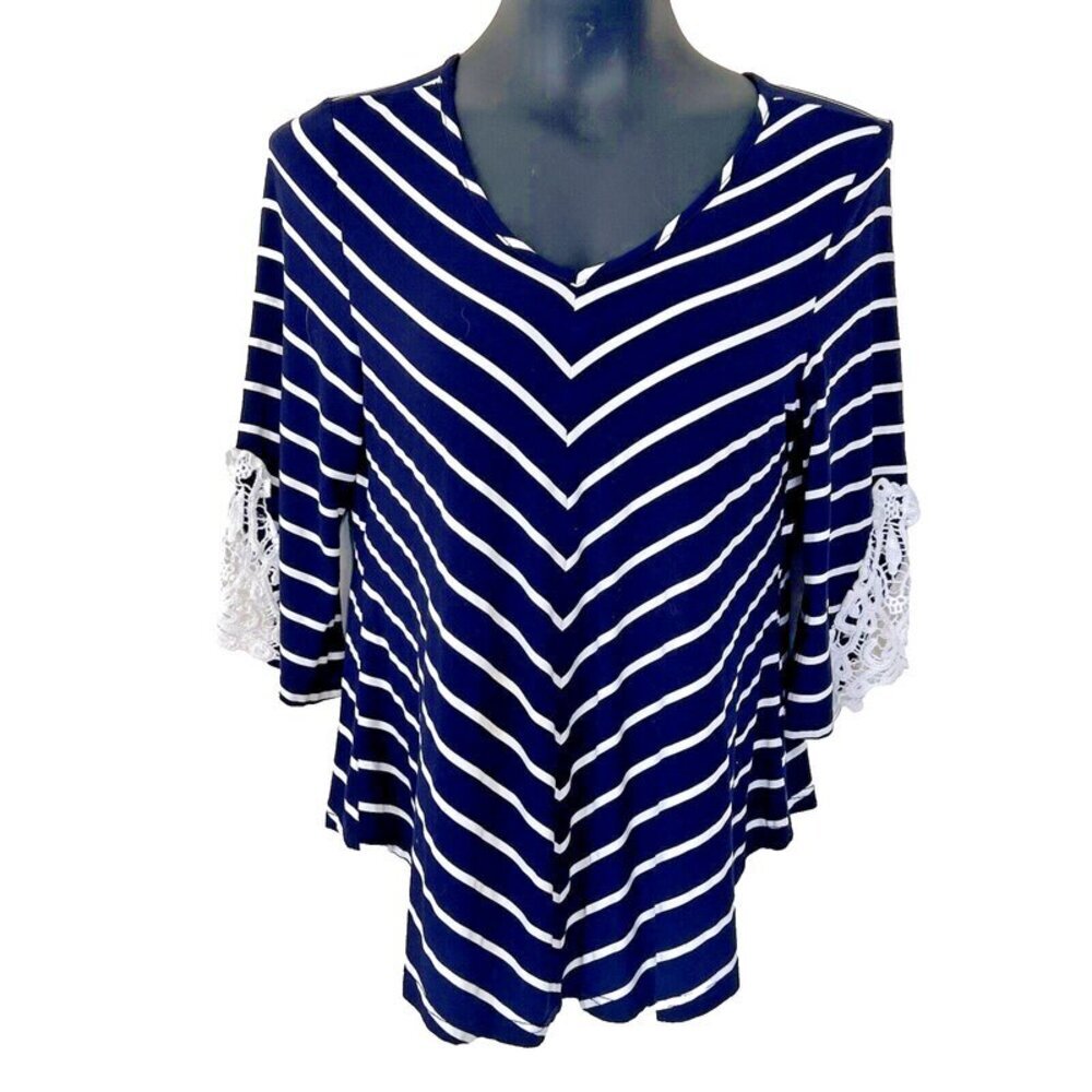 Stem & Vine - Top PM Navy, White V Striped 3/4 Sleeve Crochet Lace Accent Sleeve